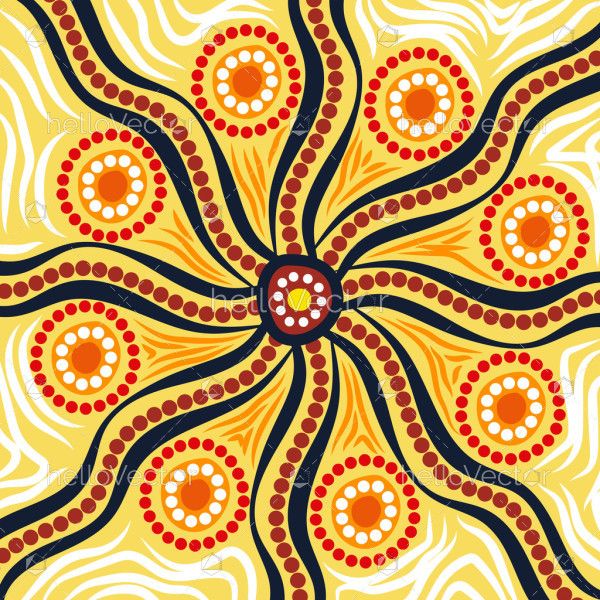 A vibrant Aboriginal-style artwork featuring radiating pathways and sun.