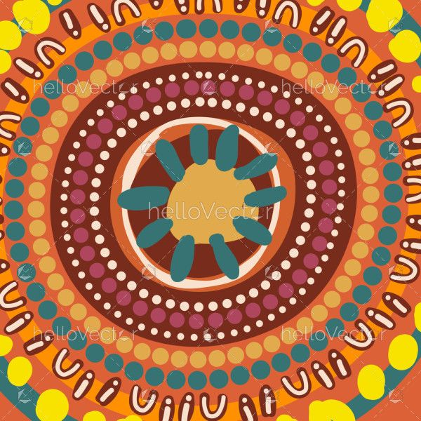 A vibrant circular Aboriginal artwork featuring layered dot patterns radiating from a central sun-like motif.