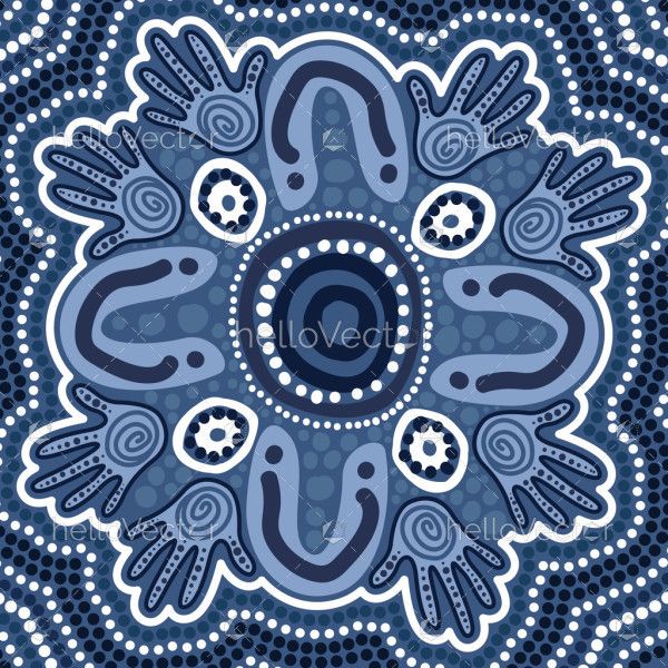 A circular gathering motif in cool blue tones featuring handprints and flowing dot patterns.