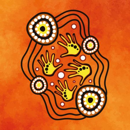 Orange Handprint Aboriginal Inspired Tribal Dot Painting Illustration