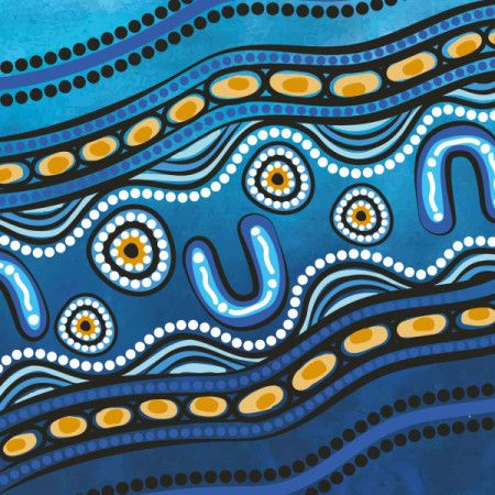 Aboriginal inspired blue river pattern illustration with wave shapes