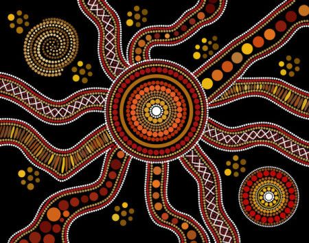 Traditional Aboriginal Dot Art Illustration with Sacred Circular Symbols and Flowing Organic Pathways
