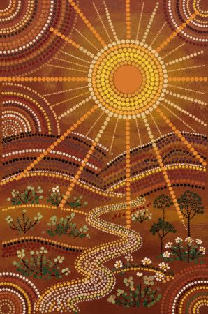 Aboriginal Dot Painting Landscape with Rising Sun, Nature concept artwork.