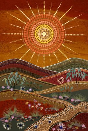 Aboriginal Inspired Dot Painting Landscape with Radiant Sun.