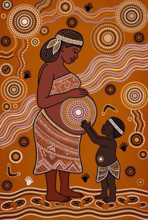 Aboriginal-Inspired Illustration of a Mother and Child with Traditional Dot Painting
