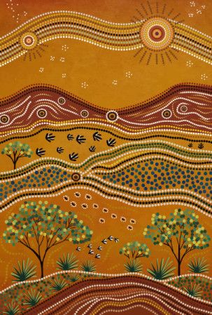 Aboriginal-Inspired Outback Landscape with Traditional Dot Patterns, Native Trees and Rolling Desert Hills