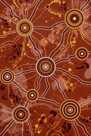 Aboriginal-Inspired Sacred Landscape with Interconnected Songlines, Circular Symbols and Earth-Tone Patterns