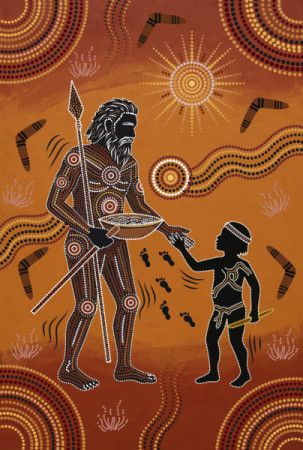 Aboriginal-Inspired Hunting Scene with Traditional Human Figures, Boomerang Shapes and Dreamtime Dot Patterns