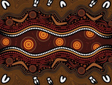 Aboriginal-Inspired Horizontal Dot Pattern with Flowing Songline Motifs and Decorative Earth-Tone Waves