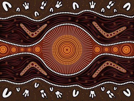 Aboriginal-Inspired Circular Sun Symbol with Flowing Dot Patterns and Traditional Horizontal Dreamtime Motifs