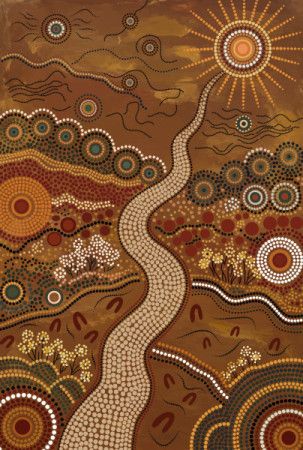Aboriginal-Inspired Desert Landscape with Winding River, Sacred Circles and Traditional Dot Painting Patterns