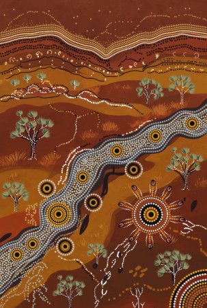 Aboriginal-Inspired River and Outback Landscape with Sacred Circular Symbols, Native Trees and Dot Design.