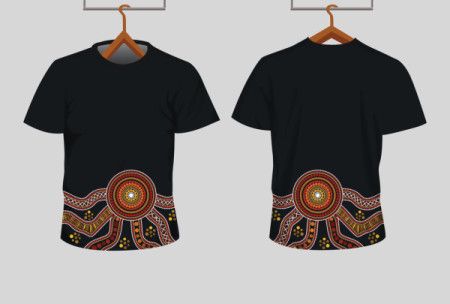 Black T-shirt decorated with an eye-catching Aboriginal-inspired dot artwork pattern