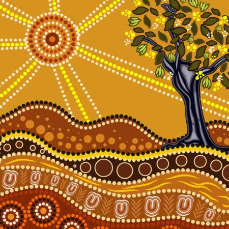 Aboriginal-Inspired Nature Painting Illustration with Tree, Sun and Decorative Dot Patterns