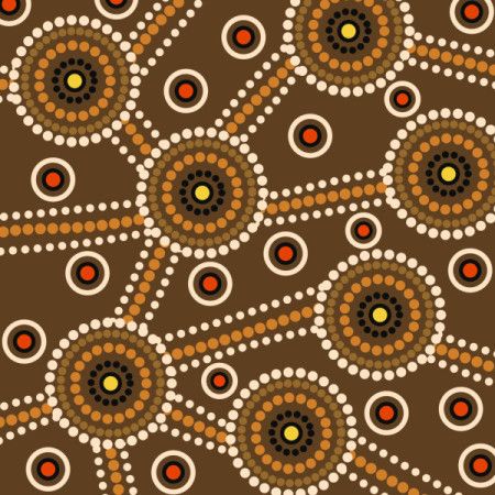 Aboriginal-Inspired Dot Art Illustration Featuring Circular Symbolic Patterns with Decorative Dotted Lines