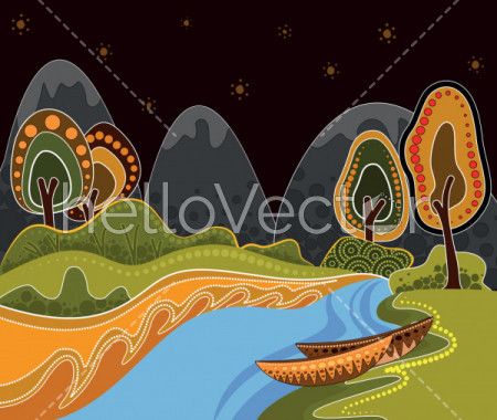 An illustration based on aboriginal style of dot painting depicting nature.
