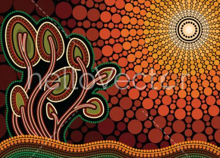 Aboriginal art vector painting with tree and sun, Nature concept