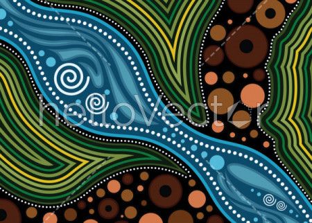 Aboriginal art vector painting, Nature concept, Landscape Illustration of forest, river and land.