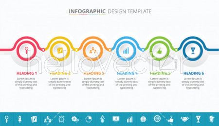 Business process infographic template design with 6 steps and 16 extra icons - Vector Illustration