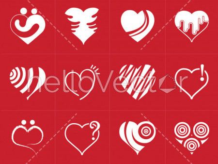 Heart icons collection in trendy flat style isolated on red background.
