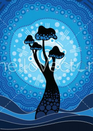 Tree on the hill, Aboriginal tree, Aboriginal art vector painting with tree and sun
