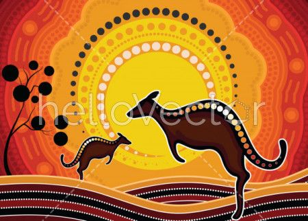 Aboriginal art vector painting with kangaroo