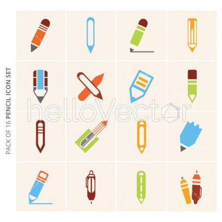 Set of 16 different vector pencil colored icons