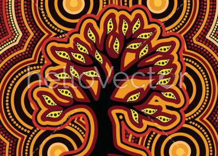 Aboriginal dot art vector painting with tree.