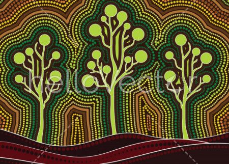 Tree on the hill, An illustration based on aboriginal style of background depicting nature.