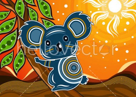 Aboriginal art vector painting with Koala bear on wood branch with green leaves.