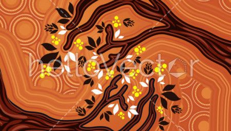 Aboriginal dot art vector painting with tree.