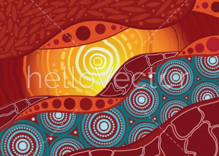 Nature concept, Aboriginal dot art vector painting depicting mountain