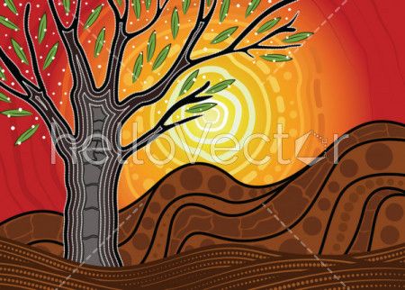Tree on the hill, An illustration based on aboriginal style of painting depicting nature.