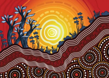 Aboriginal art vector background depicting nature.