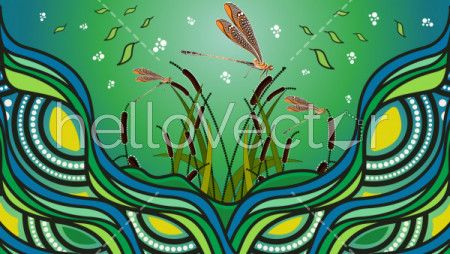 Dragonfly on cattails aboriginal art vector background.