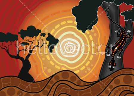 Tree on the hill, An illustration based on aboriginal style of background depicting nature.