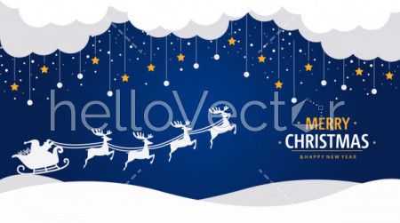 Flat Christmas vector background with santa claus ridding sledge