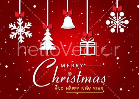 Red Christmas background with different hanging decorations