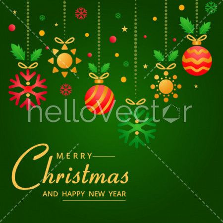 Green Christmas background with different hanging decorations