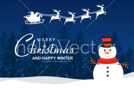 Flat Christmas vector background with snowman and Santa Claus ridding sledge