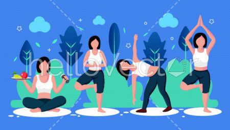 Girls doing exercises, Health and fitness concept graphic