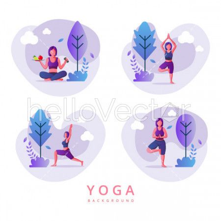 Girls doing yoga, Health and fitness concept banner design