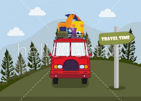 Travel by bus, Travel and Tourism flat design - Vector Illustration