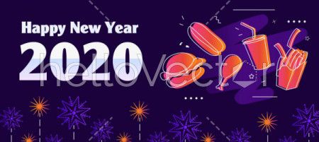 Happy new year 2020 vector background with food icons