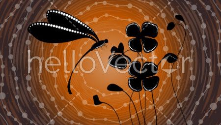 Aboriginal art vector painting with dragonfly and poppy flowers
