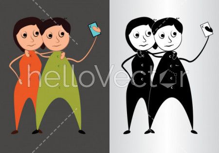 Couple Taking Selfie Photo - Vector Illustration