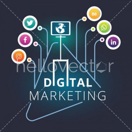 Digital marketing graphic with colorful social media icons - Vector illustration