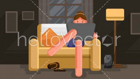 Girl sitting on sofa with laptop - Vector illustration