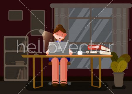 Cartoon girl sitting at the desk and working on computer - Vector illustration