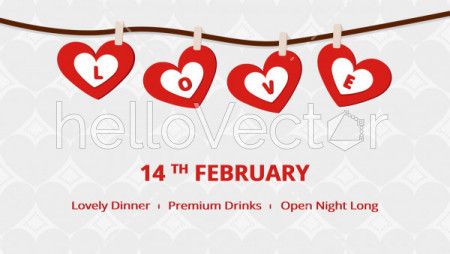 Four Hanging red hearts with LOVE text, Valentine's background - Vector Illustration